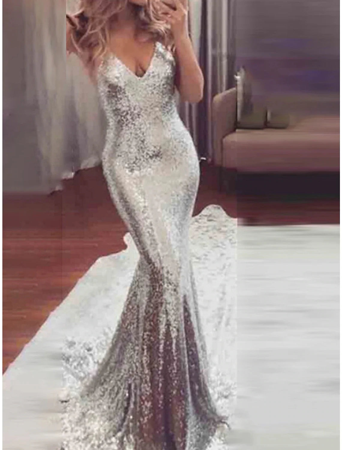 Women's Silver Sequin Dress Prom Dress Party Dress Sparkly Dress Long Dress Maxi Dress Silver Sleeveless Spring Fall Winter Spaghetti Strap Fashion Evening Party