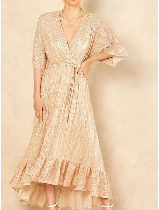 Women's Gold Sequin Dress Black Dress Prom Dress Party Dress Sparkly Dress Black Sheath Dress Long Dress Maxi Dress Blue Half Sleeve Fall Winter V Neck Fashion Evening