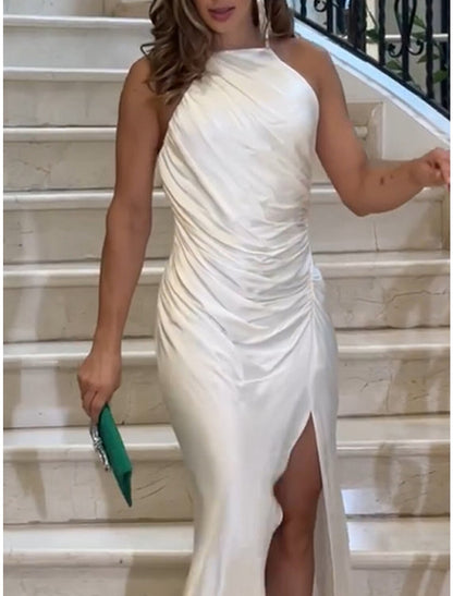 Women's Prom Dress Party Dress Satin Dress Long Dress Maxi Dress White Sleeveless Pure Color Ruched Spring Fall Winter Spaghetti Strap Fashion Winter Dress Evening Party Wedding Guest
