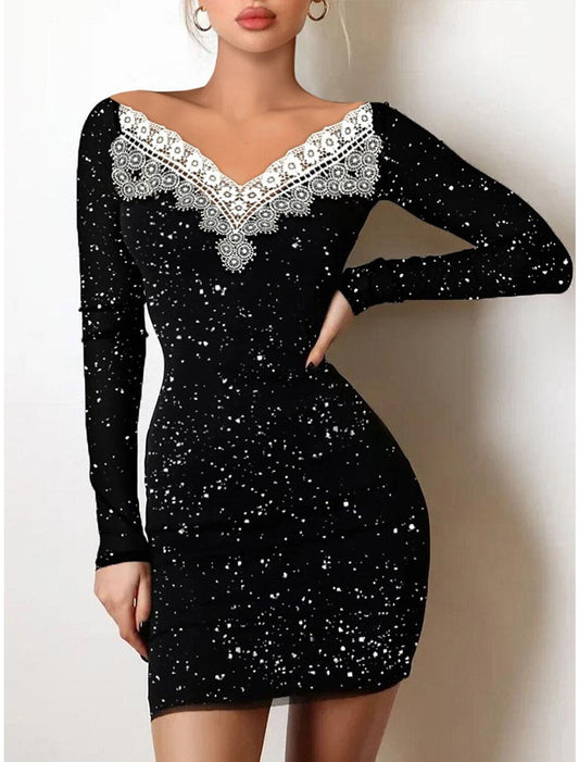 Women's Black Dress Party Dress Wedding Guest Dress Mini Dress Black Khaki Long Sleeve Dot Lace Spring Fall Winter V Neck Fashion Winter Dress Wedding Guest Evening Party