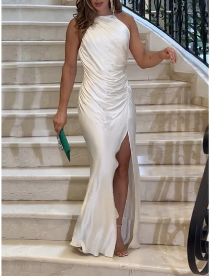 Women's Prom Dress Party Dress Satin Dress Long Dress Maxi Dress White Sleeveless Pure Color Ruched Spring Fall Winter Spaghetti Strap Fashion Winter Dress Evening Party Wedding Guest