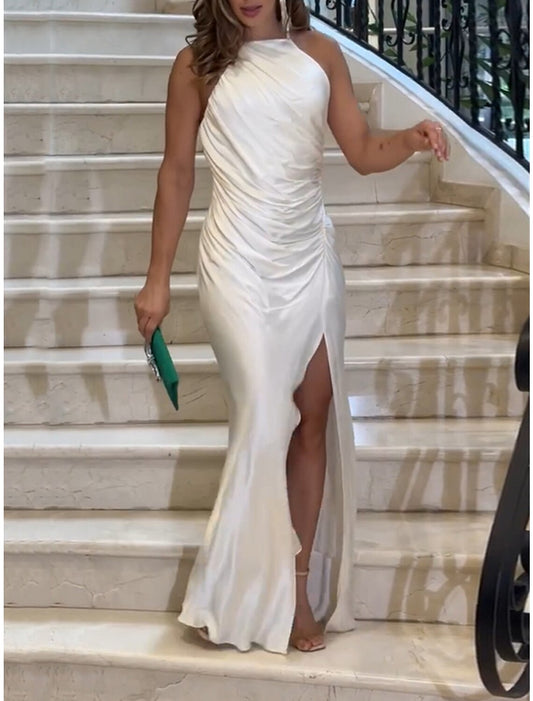 Women's Prom Dress Party Dress Satin Dress Long Dress Maxi Dress White Sleeveless Pure Color Ruched Spring Fall Winter Spaghetti Strap Fashion Winter Dress Evening Party Wedding Guest