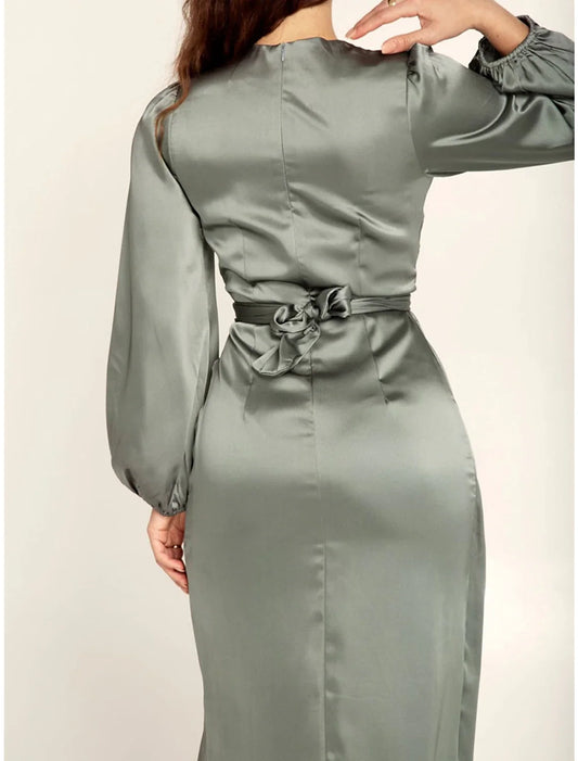 Women's Black Dress Party Dress Satin Dress Midi Dress Black Pink Blue Long Sleeve Pure Color Knot Front Spring Fall Winter Crew Neck Fashion Winter Dress Wedding Guest Birthday