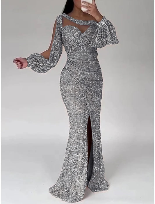 Mermaid Dress Evening Gown Champagne Gown Sparkle Sequin Dress Formal Floor Length Long Sleeve Scoop Neck with Ruched Slit