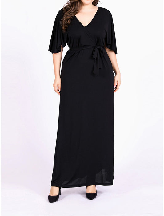 Women's Plus Size Black Dress Prom Dress Party Dress Long Dress Maxi Dress Black Short Sleeve Plain Lace up Summer Spring Fall V Neck Elegant Wedding Guest Birthday Evening Party