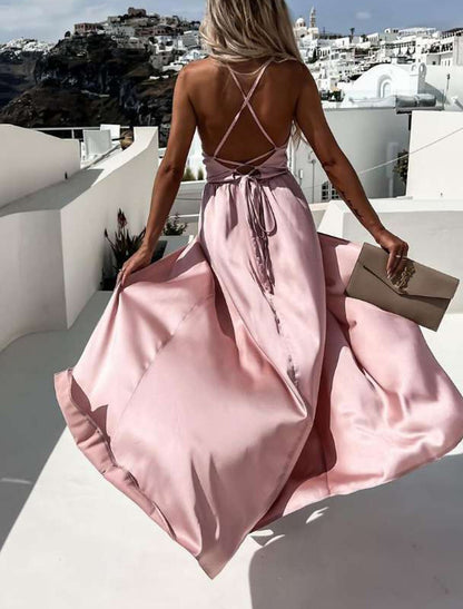 Women's Prom Dress Party Dress Satin Dress Pink Dress Long Dress Maxi Dress Fuchsia Khaki Sleeveless Pure Color Backless Summer Spring Fall Spaghetti Strap Fashion Birthday Evening Wedding Guest
