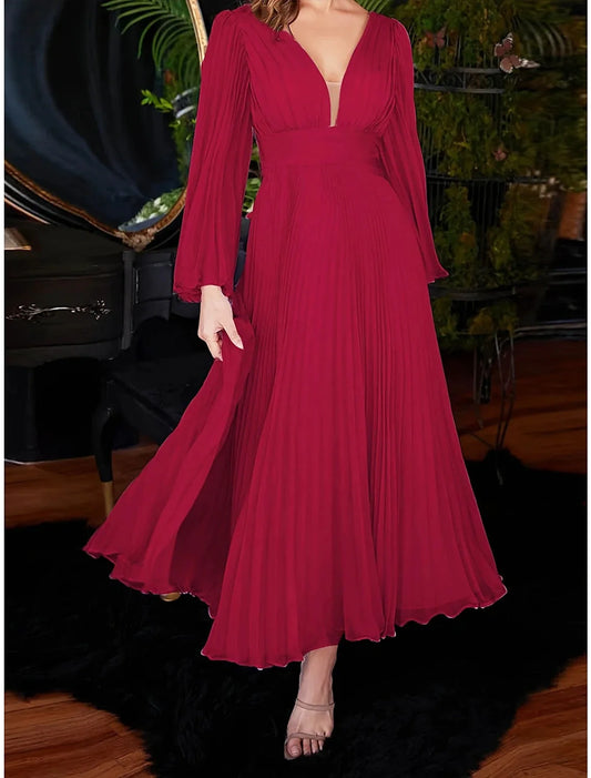 Women's Party Dress Wedding Guest Dress Swing Dress Long Dress Maxi Dress Wine Long Sleeve Pure Color Pleated Spring Fall Winter V Neck Fashion Winter Dress Evening Party Wedding Guest