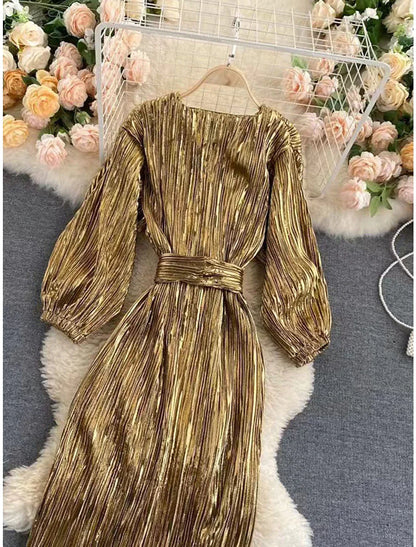 Women's Party Dress Cocktail Dress Sheath Dress Midi Dress Silver Gold Long Sleeve Line With Belt Fall Winter Autumn V Neck Fashion Evening Party Vacation