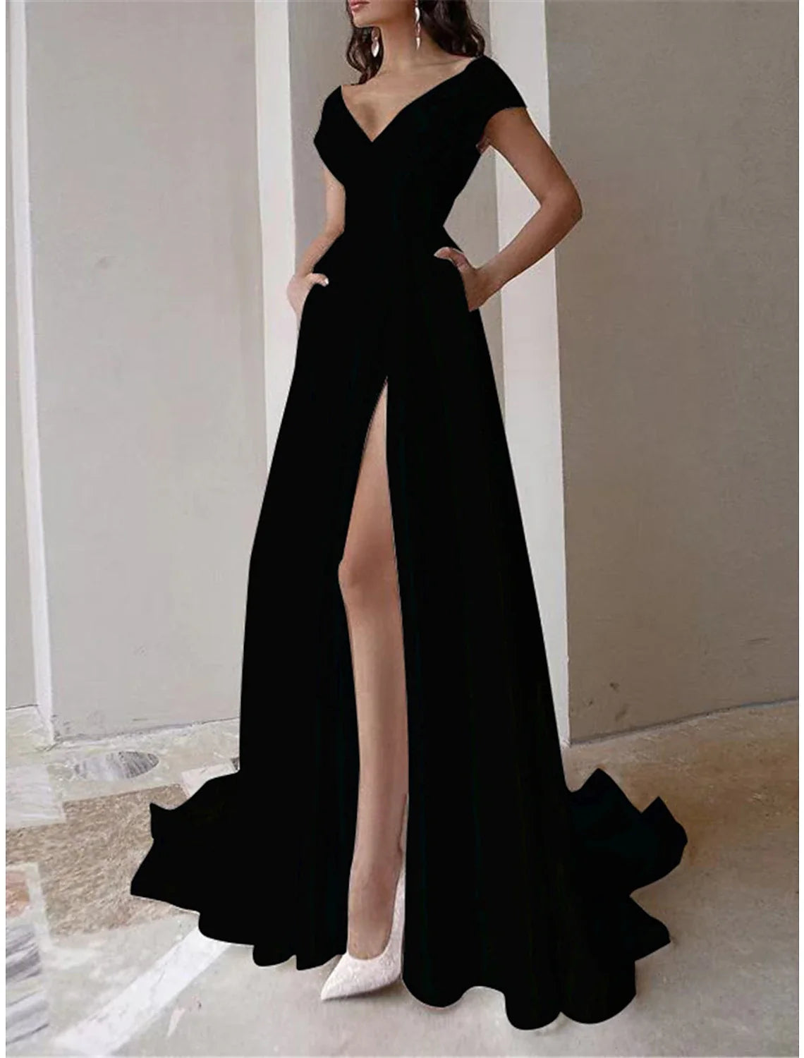 Women's Prom Dress Party Dress Swing Dress Long Dress Maxi Dress Black White Red Short Sleeve Plain Ruffle Summer Spring Fall V Neck Red Valentines Dress Valentine's Day Wedding Guest Evening Party