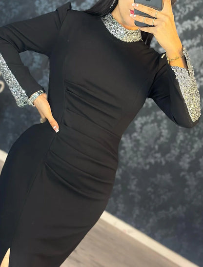 Mermaid / Trumpet Evening Gown Elegant Dress Formal Wedding Guest Floor Length Long Sleeve High Neck Black Dress Stretch Fabric with Sequin