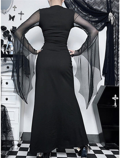 Women's Prom Dress Party Dress Sheath Dress Long Dress Maxi Dress Black Long Sleeve Pure Color Mesh Spring Fall Winter V Neck Fashion Halloween Evening Party Vacation