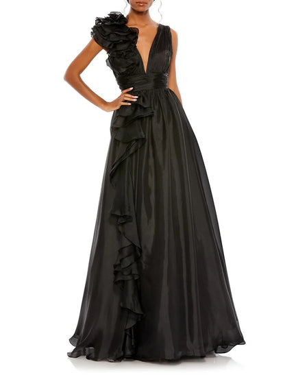 Glamorous 3D‑Ruffle Satin A‑Line Deep‑V‑Neck One‑Shoulder Ruched‑Waist Cascading‑Ruffle High‑Slit Floor‑Length Evening Dresses