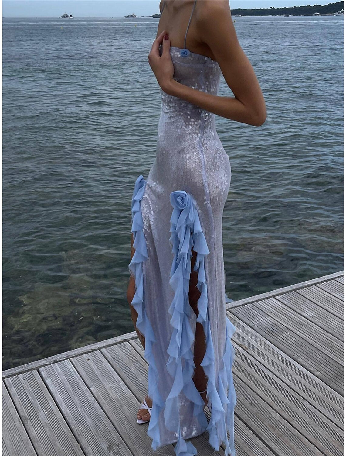 Women's Sequin Dress Prom Dress Party Dress Sparkly Dress Cocktail Dress Long Dress Maxi Dress Blue Sleeveless Summer Spring Fall Spaghetti Strap Fashion Evening