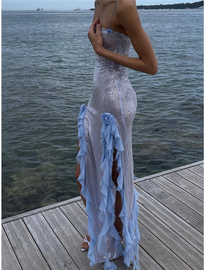 Women's Sequin Dress Prom Dress Party Dress Sparkly Dress Cocktail Dress Long Dress Maxi Dress Blue Sleeveless Summer Spring Fall Spaghetti Strap Fashion Evening