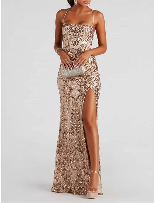 Women's Sequin Dress Prom Dress Party Dress Long Dress Maxi Dress Blue Gold Sleeveless Plain Sequins Summer Spring Fall Halter Neck Party Wedding Guest Evening Party Vacation