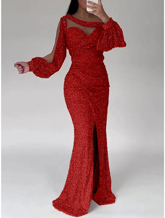 Mermaid Dress Evening Gown Champagne Gown Sparkle Sequin Dress Formal Floor Length Long Sleeve Scoop Neck with Ruched Slit