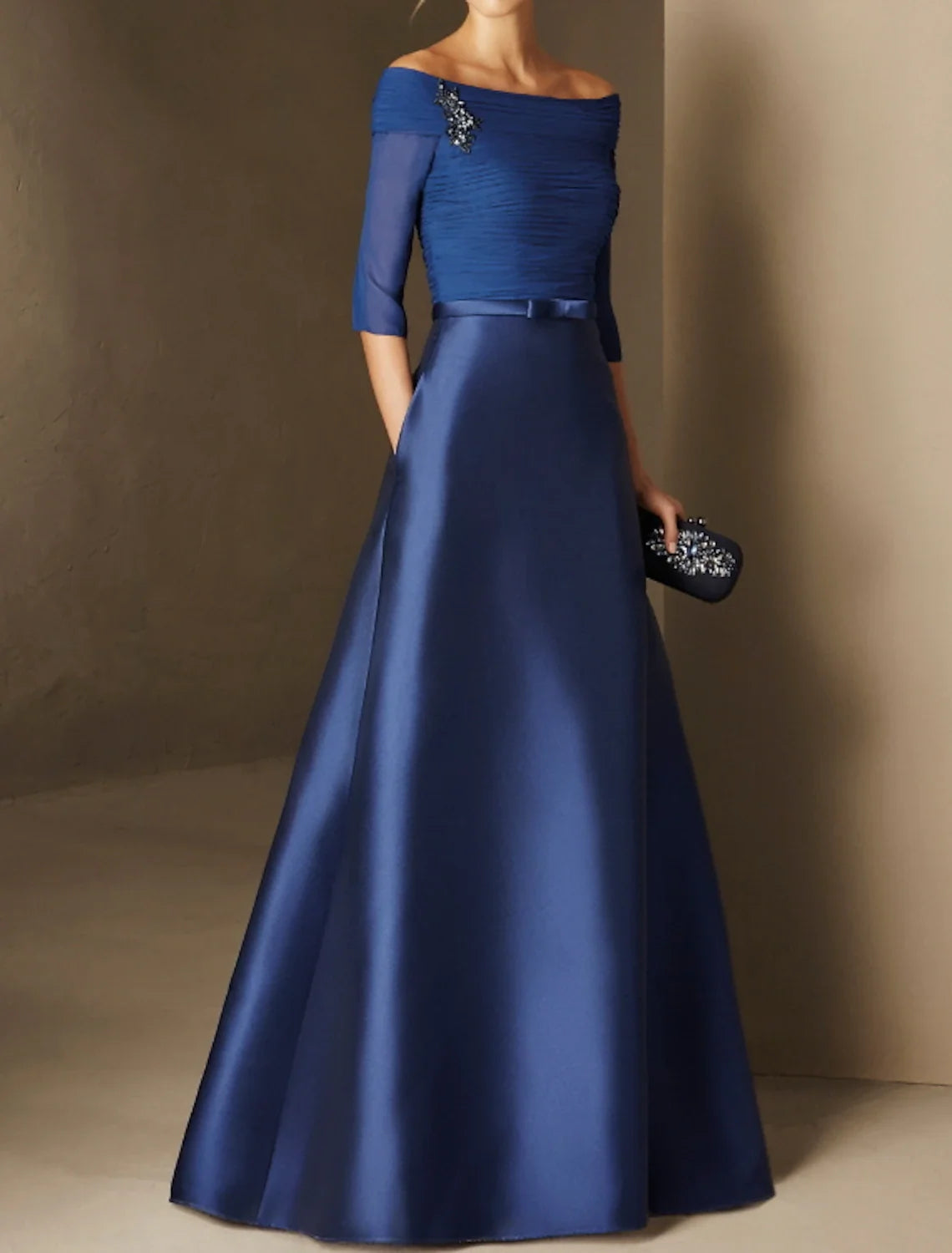 A-Line Evening Gown Elegant Dress Engagement Formal Evening Floor Length Half Sleeve Off Shoulder Fall Wedding Guest Chiffon with Ruched