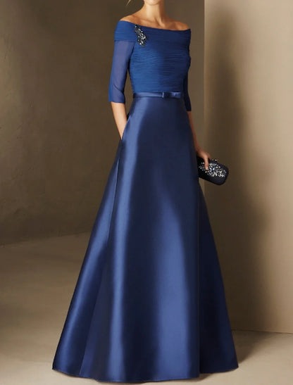 A-Line Evening Gown Elegant Dress Engagement Formal Evening Floor Length Half Sleeve Off Shoulder Fall Wedding Guest Chiffon with Ruched