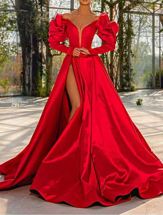 A-Line Evening Gown Red Green Dress Masquerade Prom Court Train Long Sleeve V Neck Satin with Slit