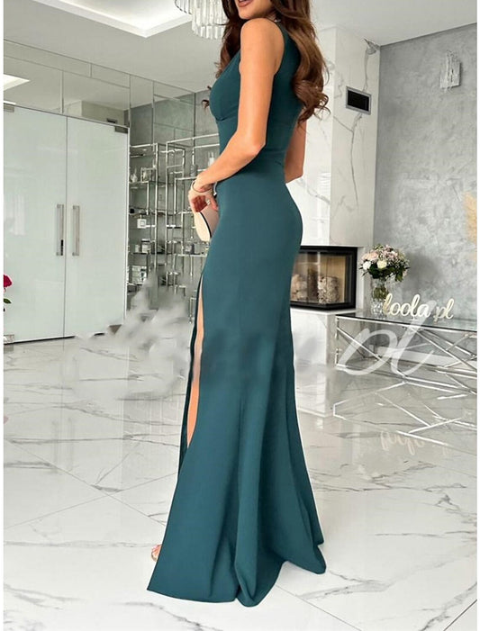 Women‘s Prom Dress Wedding Guest Party Dress Homecoming Dress Sheath Dress Long Dress Maxi Dress Black Red Green Sleeveless Pure Color Backless Summer Spring V Neck Party Evening