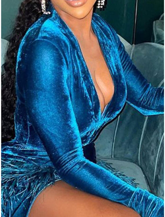 Women's Velvet Dress Fringe Dress Party Dress Mini Dress Blue Long Sleeve Pure Color Tassel Fringe Spring Fall Winter V Neck Fashion Winter Dress Wedding Guest Evening Party