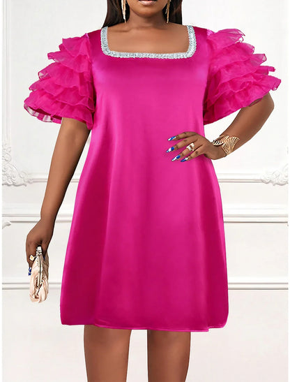 Women's Party Dress Wedding Guest Dress Peplum Dresses Mini Dress Fuchsia Short Sleeve Pure Color Ruffle Spring Fall Winter Square Neck Fashion Winter Dress Wedding Guest Evening Party