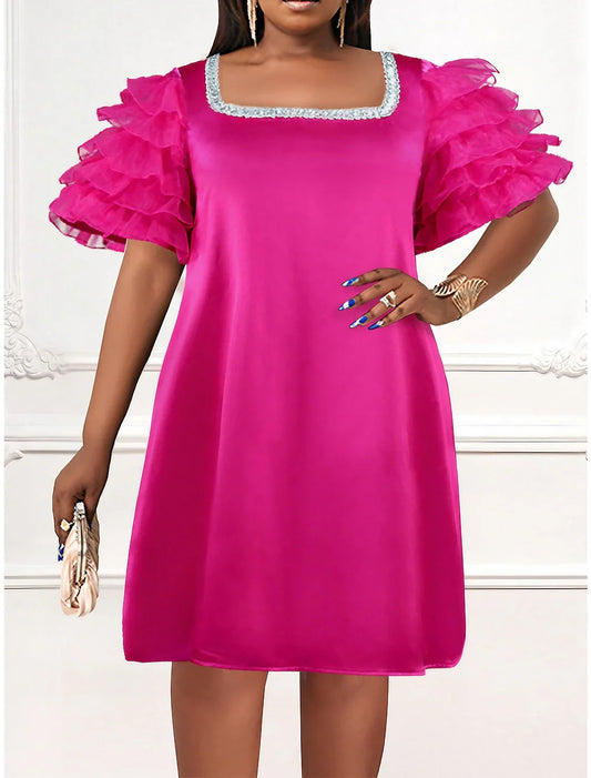 Women's Party Dress Wedding Guest Dress Peplum Dresses Mini Dress Fuchsia Short Sleeve Pure Color Ruffle Spring Fall Winter Square Neck Fashion Winter Dress Wedding Guest Evening Party