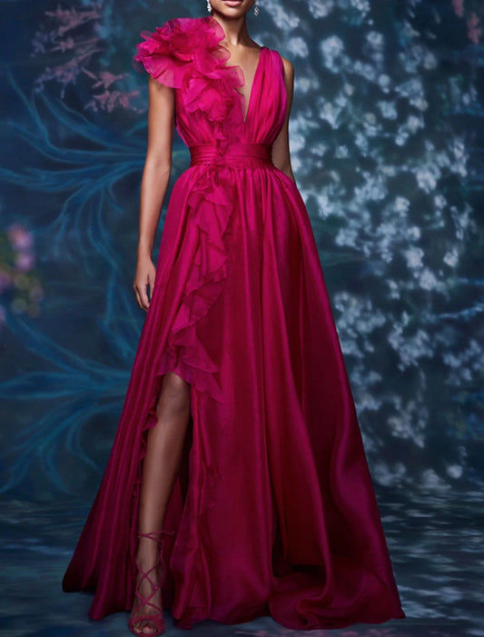 Glamorous 3D‑Ruffle Satin A‑Line Deep‑V‑Neck One‑Shoulder Ruched‑Waist Cascading‑Ruffle High‑Slit Floor‑Length Evening Dresses
