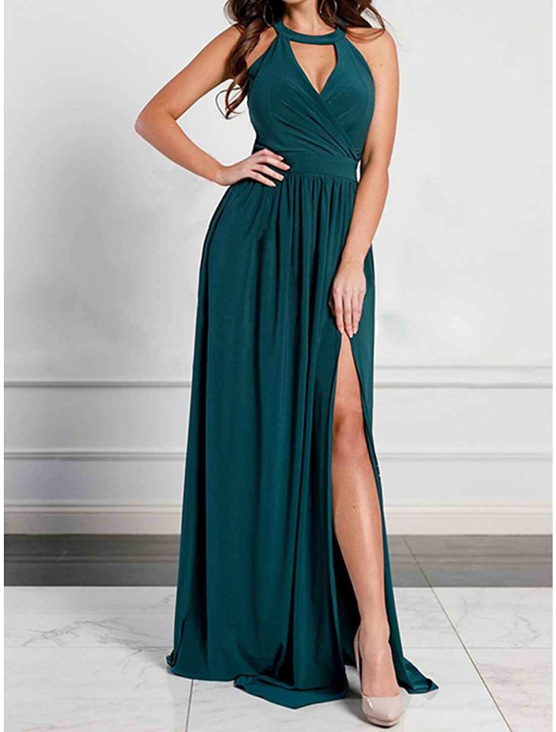 Women's Prom Dress Party Dress Wedding Guest Dress Long Dress Maxi Dress Pink Wine Green Sleeveless Plain Backless Summer Spring Fall Halter Neck Elegant Wedding Guest Evening Party Vacation