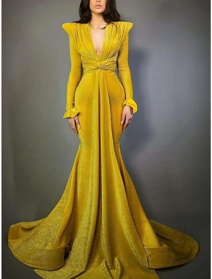 A-Line Evening Gown Elegant Dress Formal Court Train Formal Long Sleeve V Neck with Glitter Pleats Ruched