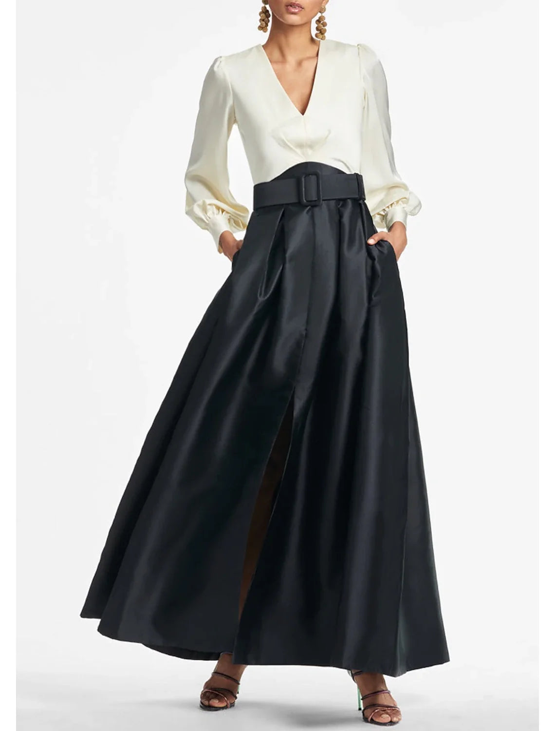 A-Line Evening Gown High Split Wedding Guest Dress Formal Fall Floor Length Long Sleeve V Neck Belt / Sash Satin with Pleats Slit