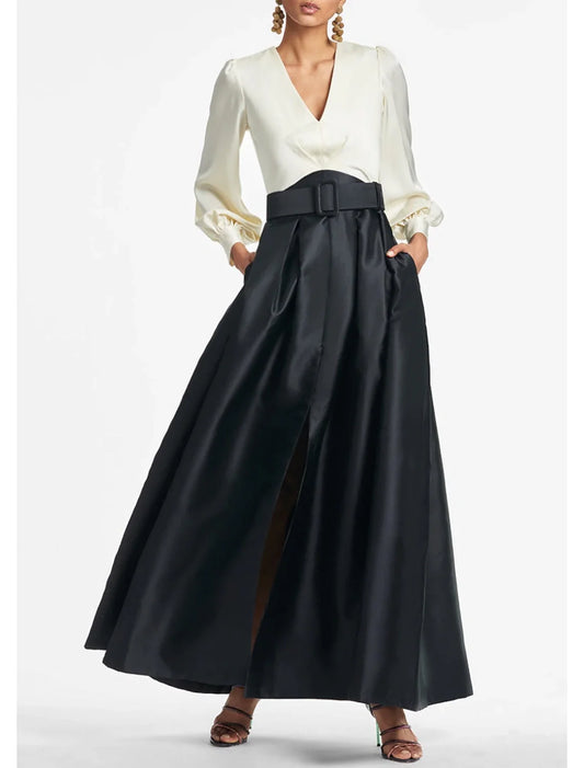 A-Line Evening Gown High Split Wedding Guest Dress Formal Fall Floor Length Long Sleeve V Neck Belt / Sash Satin with Pleats Slit