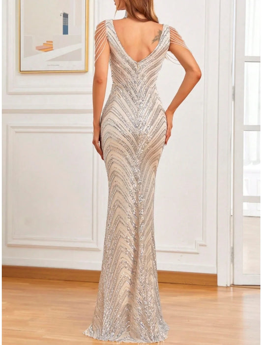 Mermaid / Trumpet Evening Gown Sparkle & Shine Dress Formal Wedding Guest Sweep / Brush Train Sleeveless V Neck Sequined with Glitter