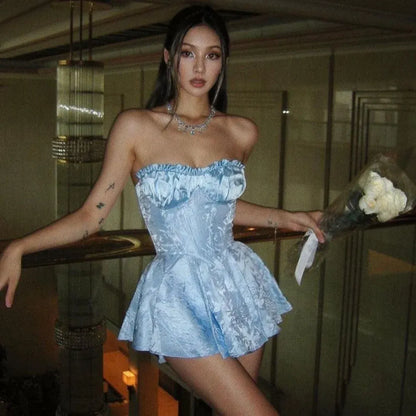 Fairy A-Line Strapless Corset Ruffle Satin Light-Blue Mini Homecoming Dress Hot Sale