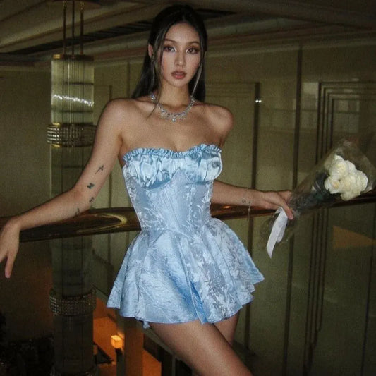 Fairy A-Line Strapless Corset Ruffle Satin Light-Blue Mini Homecoming Dress Hot Sale