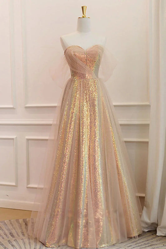 Fascinating A Line Off the Shoulder Champagne Sequins Long Prom Dress