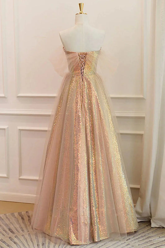 Fascinating A Line Off the Shoulder Champagne Sequins Long Prom Dress