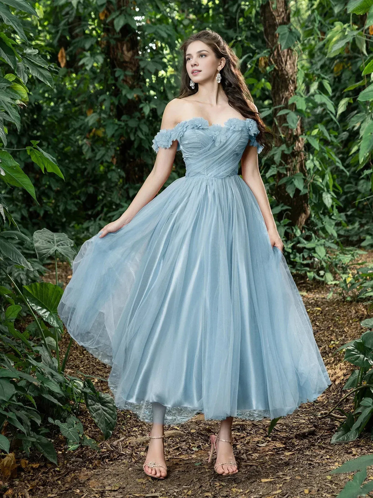 Fashion A-Line Off Shoulder Sleeveless Lace Up Ankle-Length Prom Dress