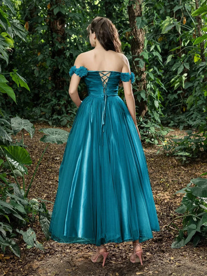 Trendy A-Line Off Shoulder Sleeveless Lace Up Ankle-Length Prom Dress