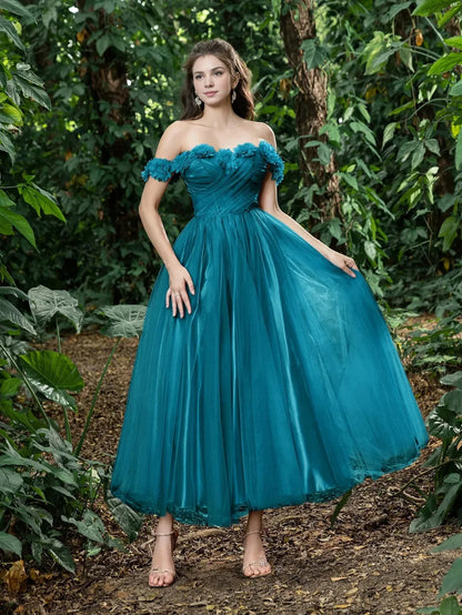 Trendy A-Line Off Shoulder Sleeveless Lace Up Ankle-Length Prom Dress