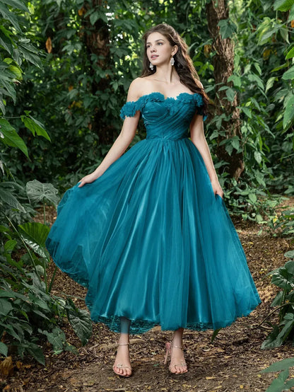 Trendy A-Line Off Shoulder Sleeveless Lace Up Ankle-Length Prom Dress
