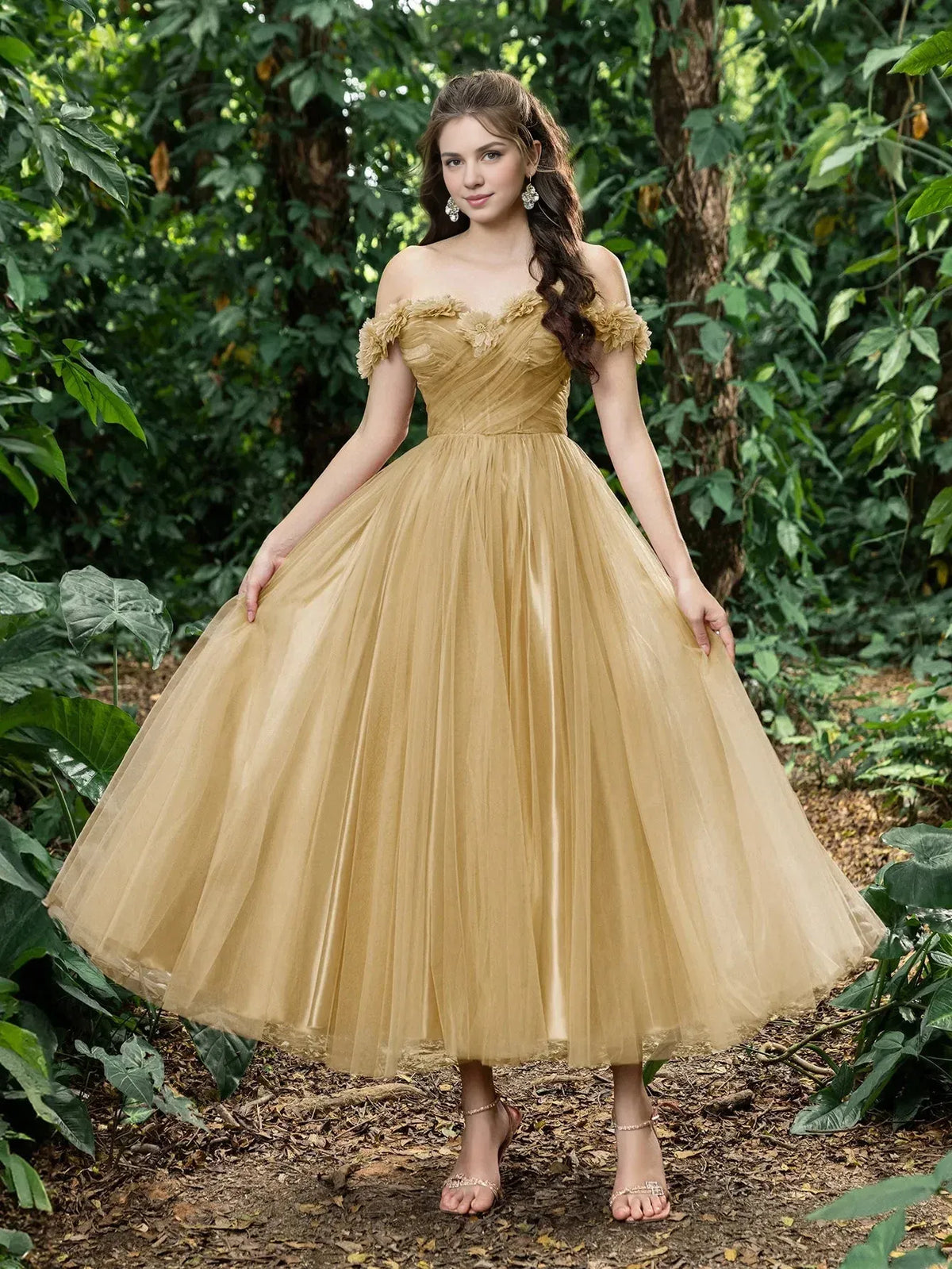 Trendy A-Line Off Shoulder Sleeveless Lace Up Ankle-Length Prom Dress