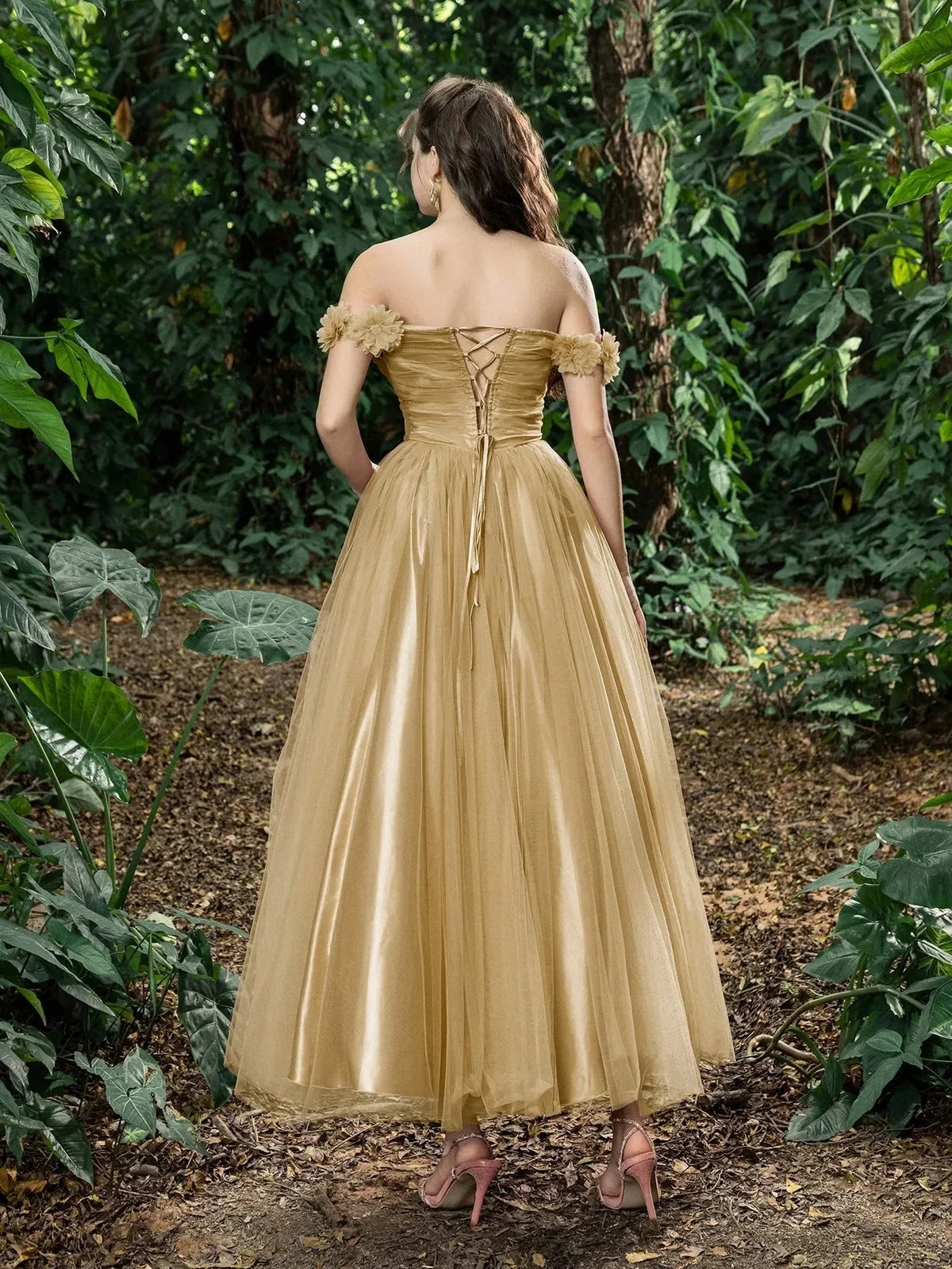 Trendy A-Line Off Shoulder Sleeveless Lace Up Ankle-Length Prom Dress