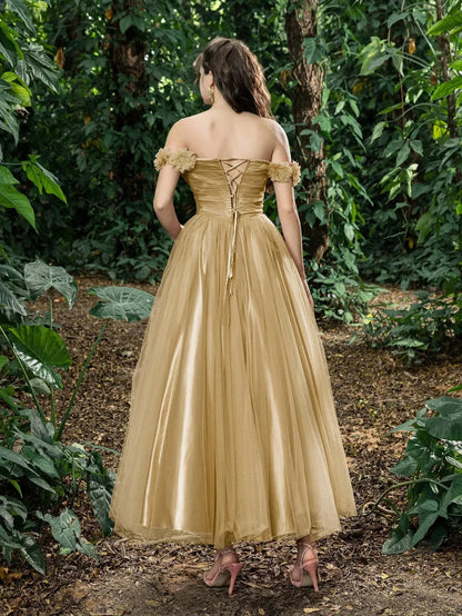 Trendy A-Line Off Shoulder Sleeveless Lace Up Ankle-Length Prom Dress