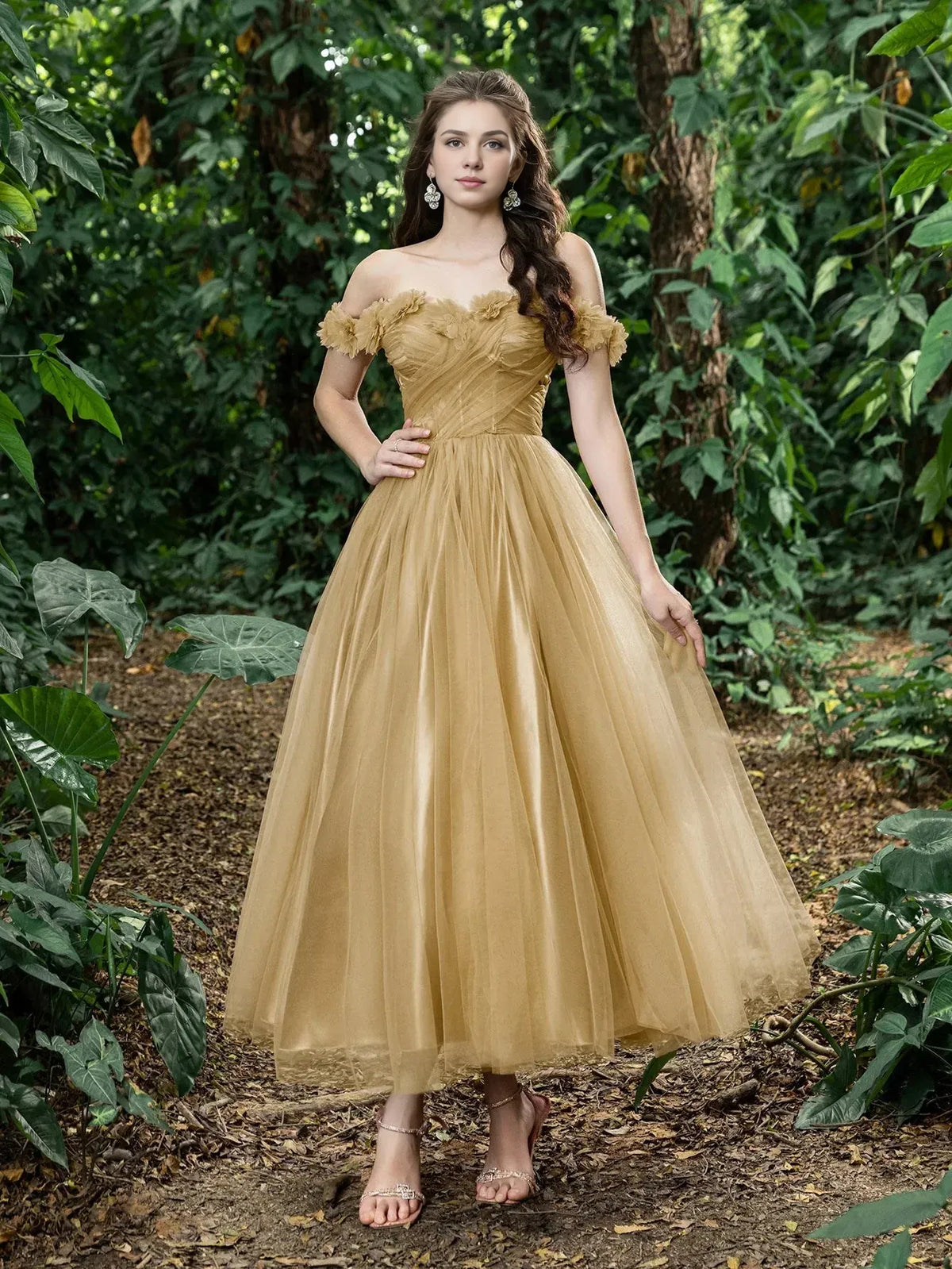 Trendy A-Line Off Shoulder Sleeveless Lace Up Ankle-Length Prom Dress