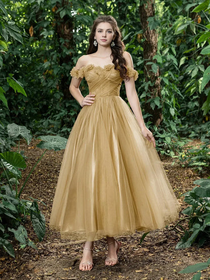 Trendy A-Line Off Shoulder Sleeveless Lace Up Ankle-Length Prom Dress