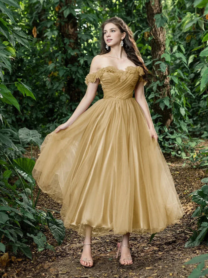 Trendy A-Line Off Shoulder Sleeveless Lace Up Ankle-Length Prom Dress