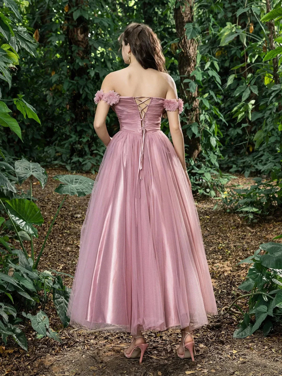 Fashion A-Line Off Shoulder Sleeveless Lace Up Ankle-Length Prom Dress