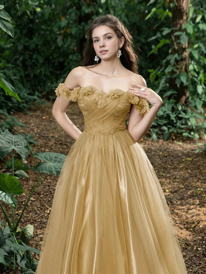 Trendy A-Line Off Shoulder Sleeveless Lace Up Ankle-Length Prom Dress