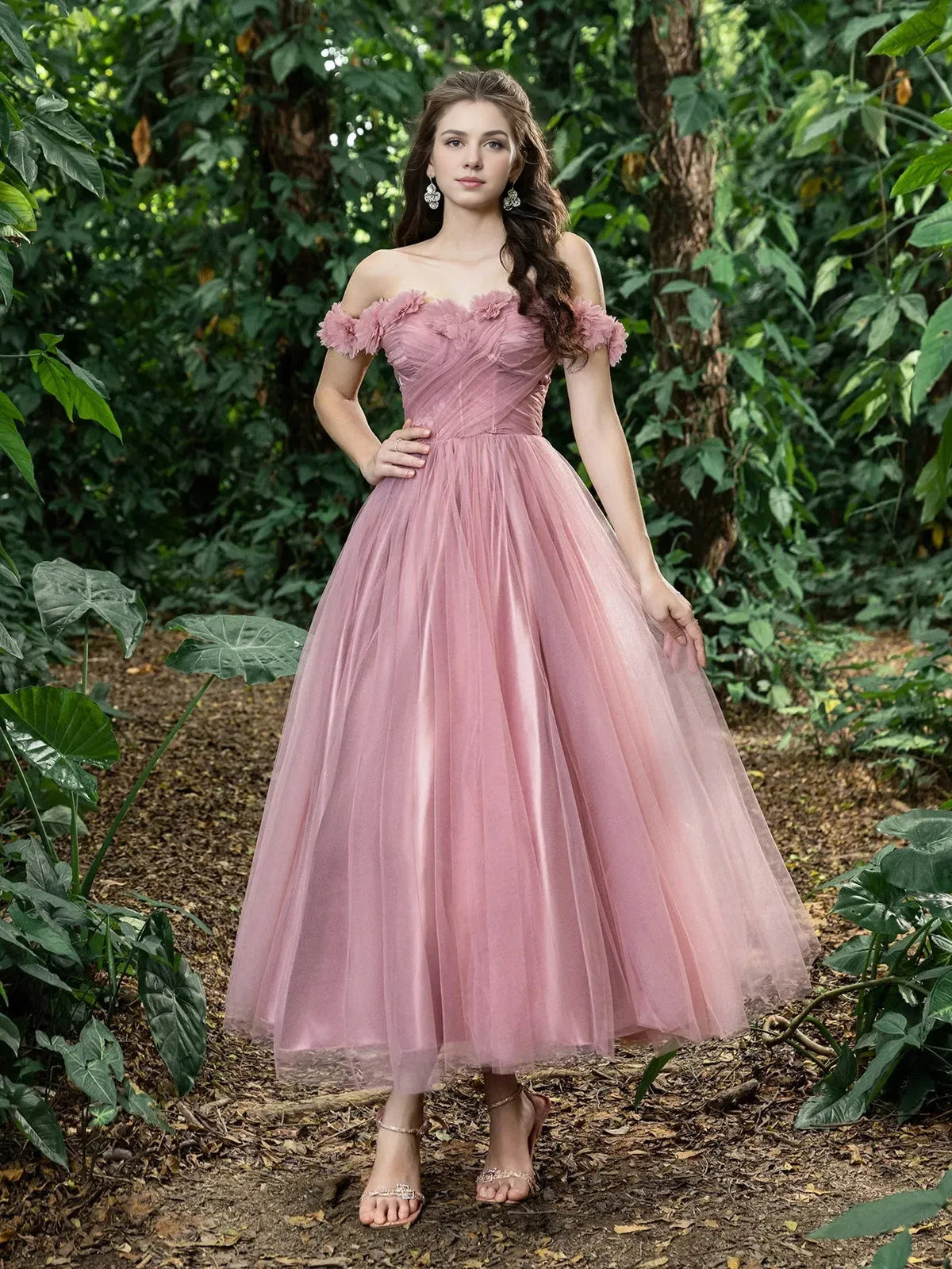 Fashion A-Line Off Shoulder Sleeveless Lace Up Ankle-Length Prom Dress